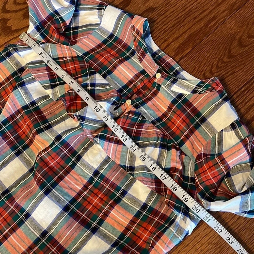 J. Crew women’s plaid pattern blouse top cotton ruffle, metallic accent relax S